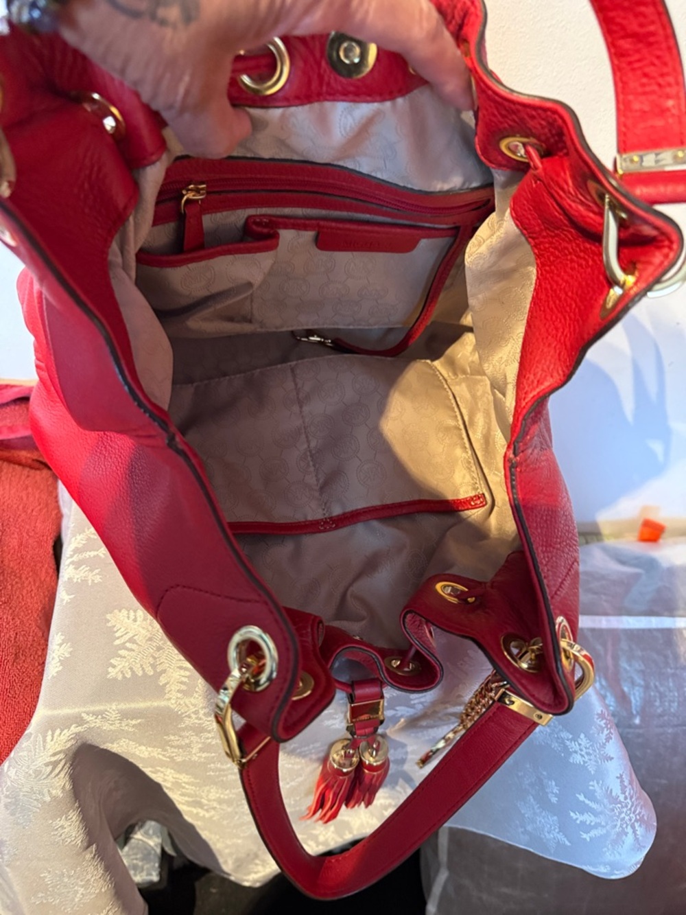 Michael Kors Red Pebbled Leather Drawstring Hobo with Tassel and MK Charm - Picture 3 of 3